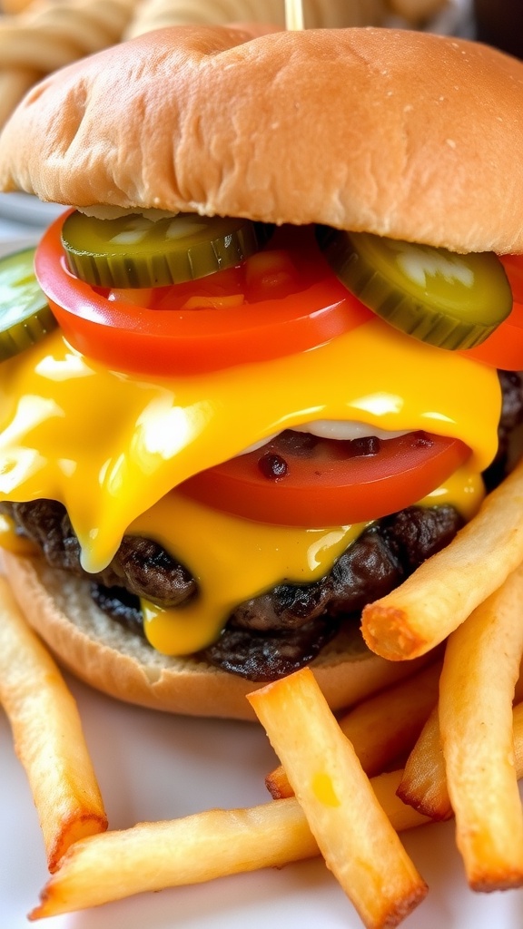 A classic cheeseburger with cheese, lettuce, tomatoes, and pickles alongside crispy fries on a plate.